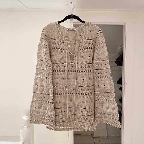 TheOpen Product Pointelle Crochet Knit Wide Sleeve Sweater in Beige Size 1 - Picture 10 of 14